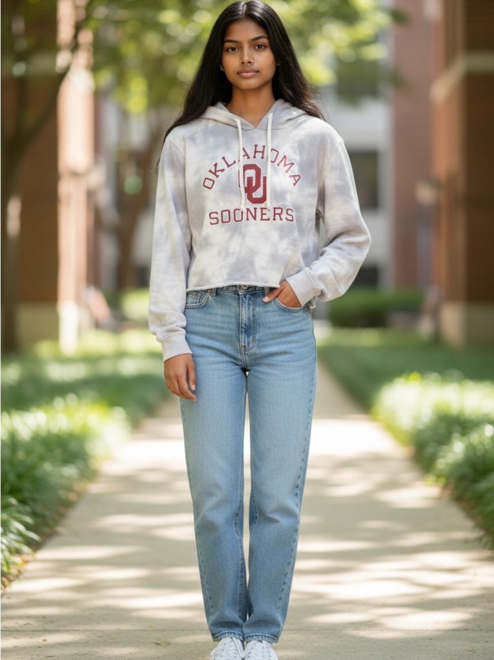 Alternative Apparel Gray Tie-Dye Oklahoma Sooners Cropped Hoodie